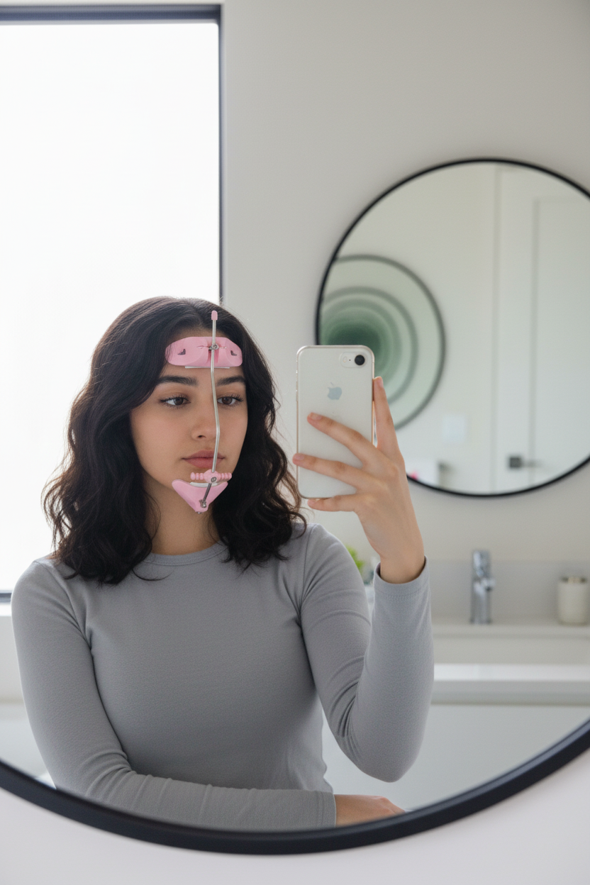 Femme prenant un selfie avec le casque rose