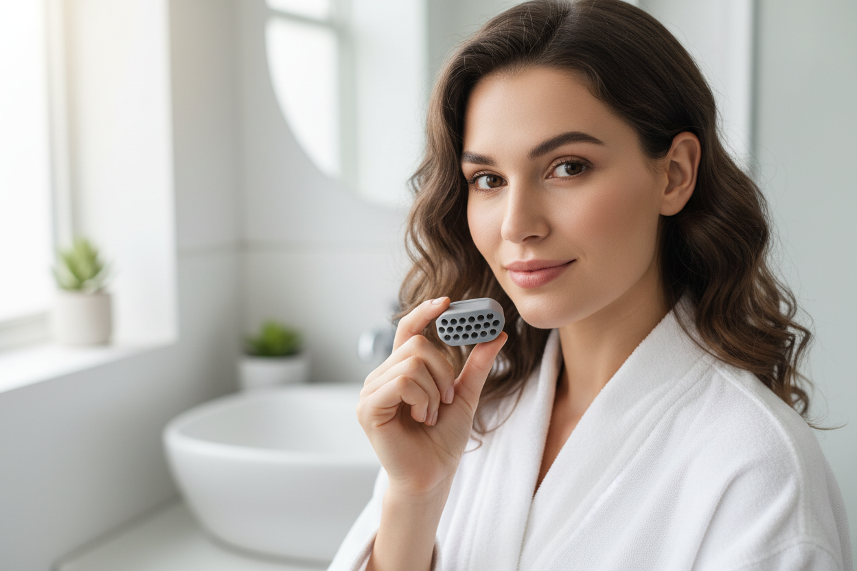 Femme tenant le petit appareil