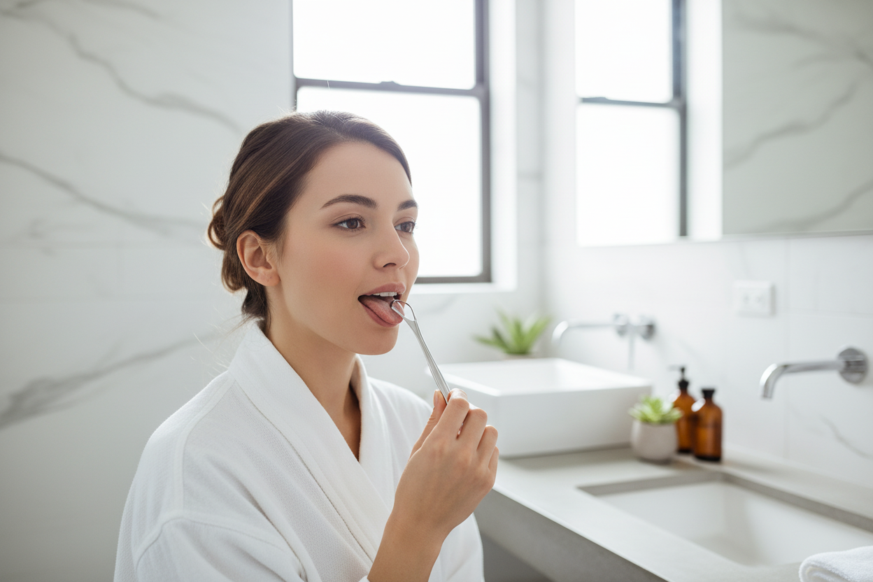 Femme utilisant gratte-langue