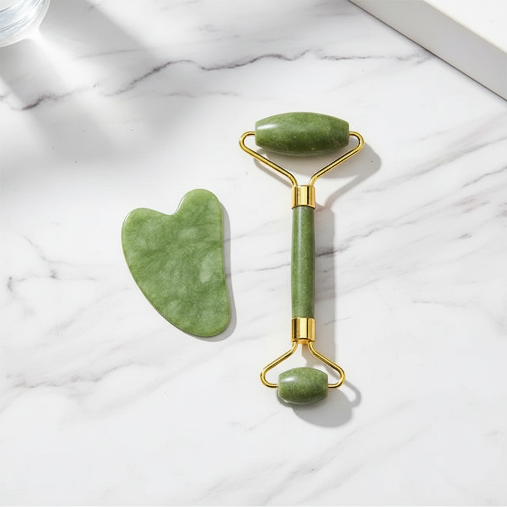 Gua sha et rouleau de jade sur marbre