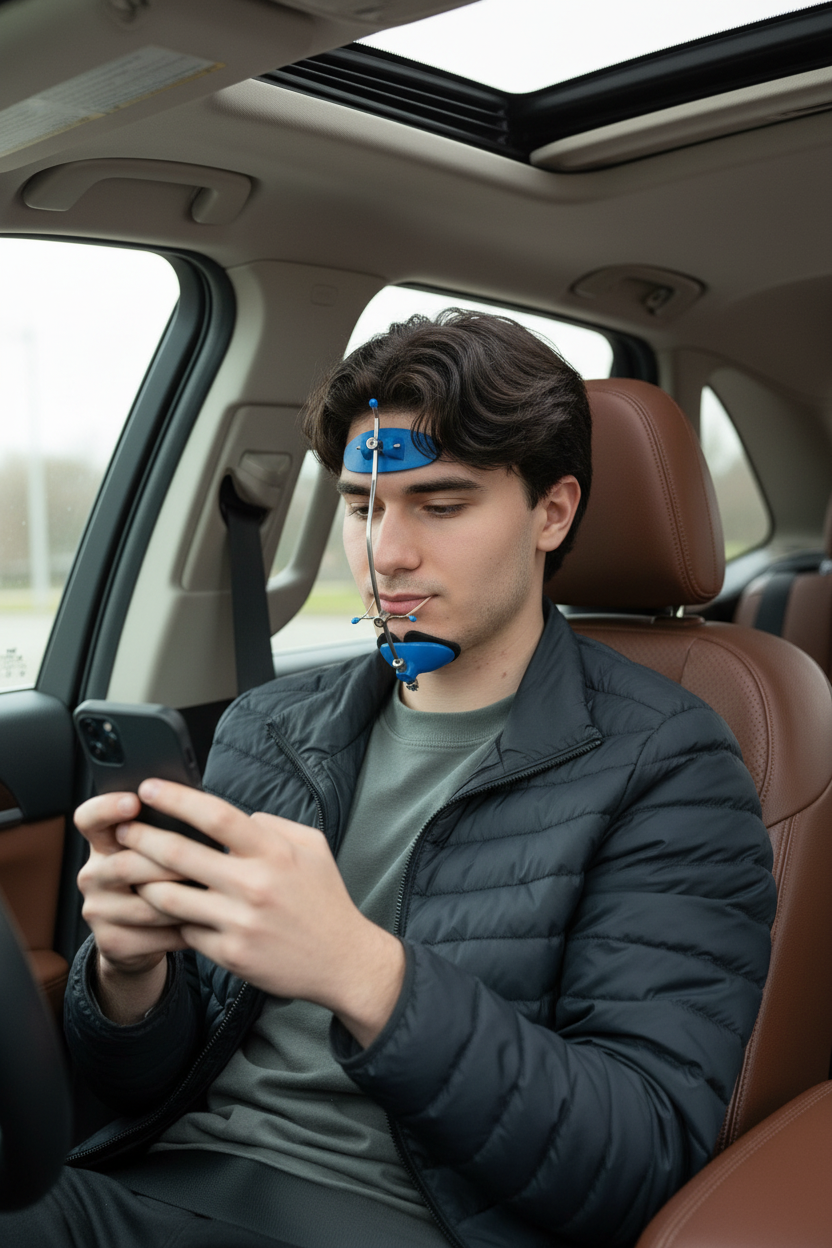 Homme portant le casque bleu dans sa voiture