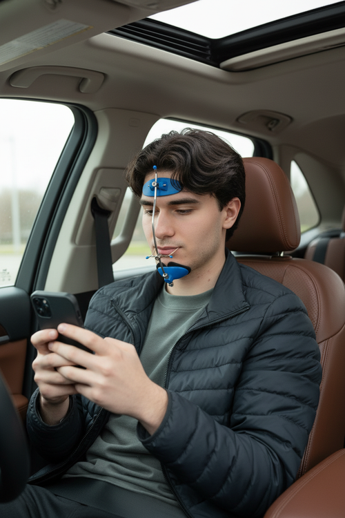 Homme portant le casque bleu dans sa voiture