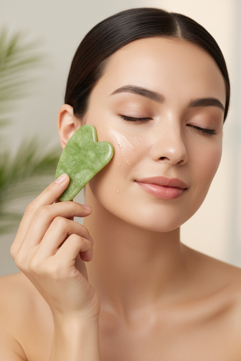 Massage facial avec gua sha jade